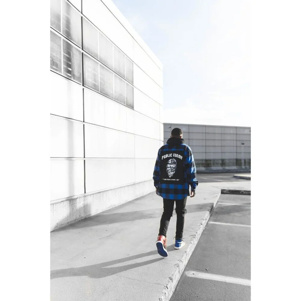 WICKED Clothing PUBLIC ENEMY Blue & Black Plaid Long Sleeve Shirt Men's Size M - Picture 3 of 7